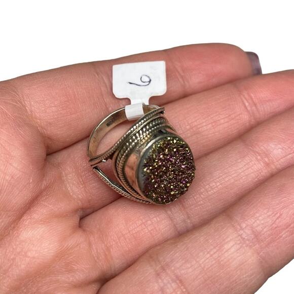 Purple Druzy Ring Solid Sterling Silver 925 Size 6 Natural Stone Oval Boho - Picture 8 of 9